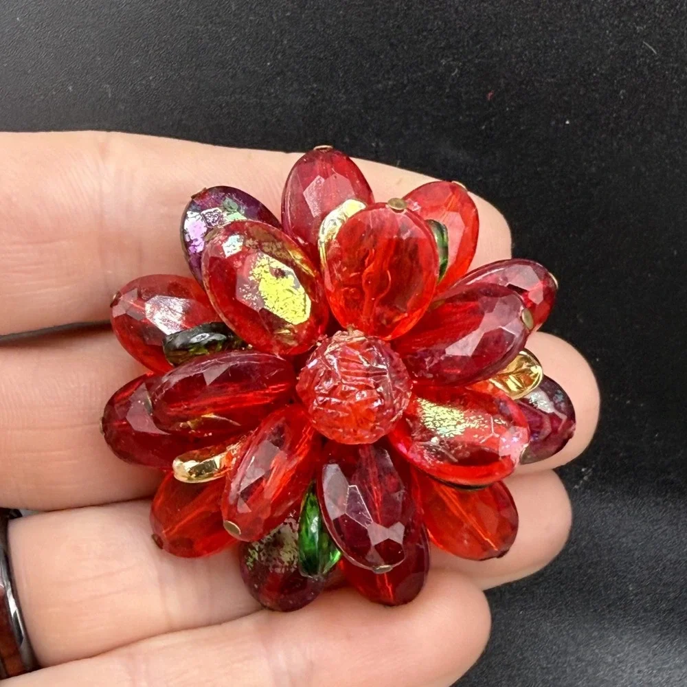 Vintage Western Germany Brooch Red Cluster‎ Flower